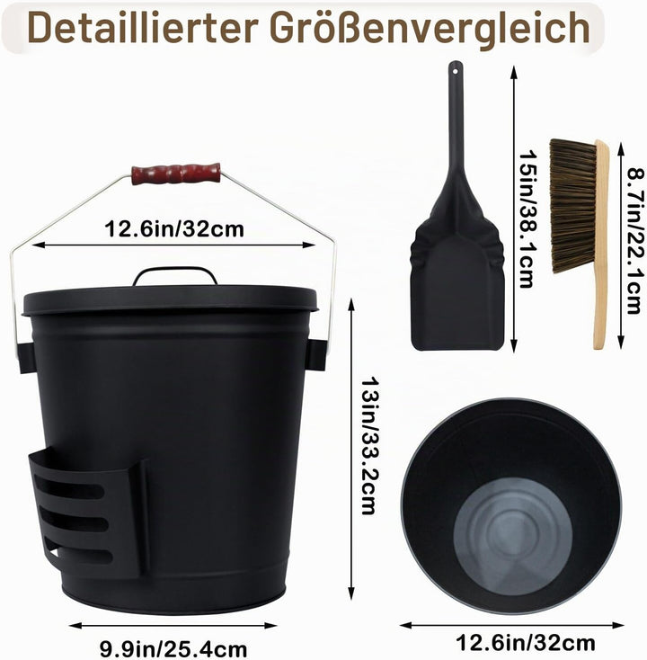 BRIAN &amp; DANY Ascheeimer mit Deckel, Runder Kohleeimer für Kamine, 20L Eimer mit Schaufel und Handbes