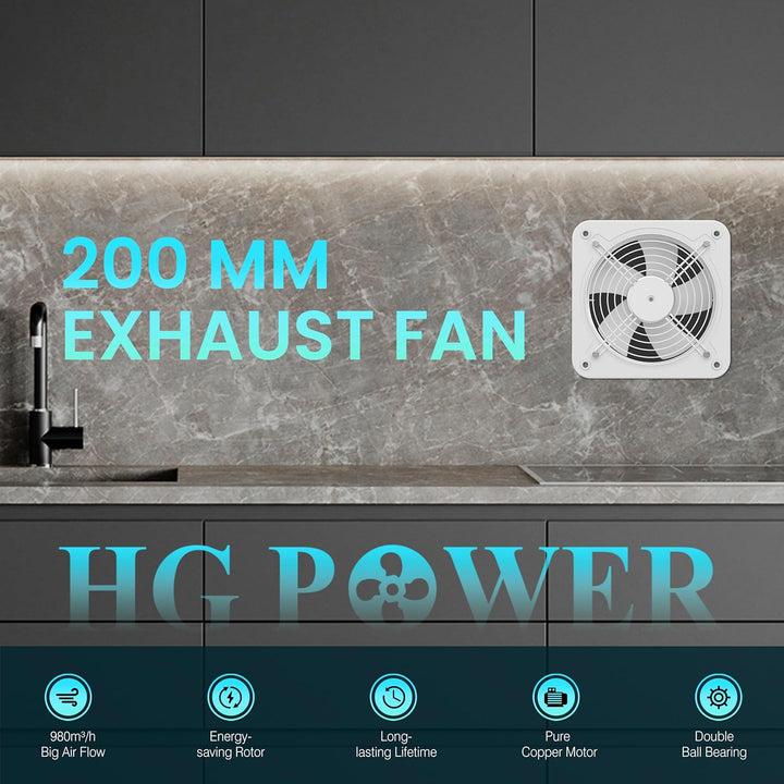 HG Power Abluftventilator 200mm - 980m³/h Badlüfter Leiser mit Rücklaufklappe, Schalter, Stecker, 53