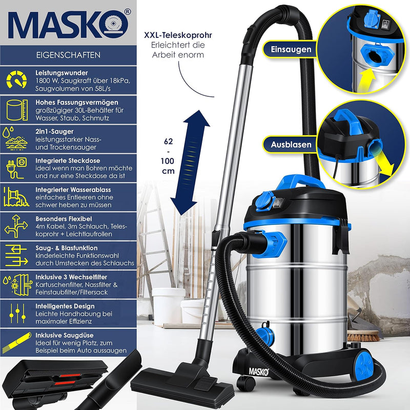 Masko® Industriestaubsauger 1800Watt Mit Steckdose Blasfunktion | Mehrzwecksauger Trocken-Saugen & N