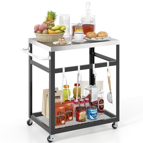Generisch Grilltisch Outdoor, Servierwagen mit 2 Ablagen & 4 Rädern & Griff & 4 Haken, Pizzatisch Be