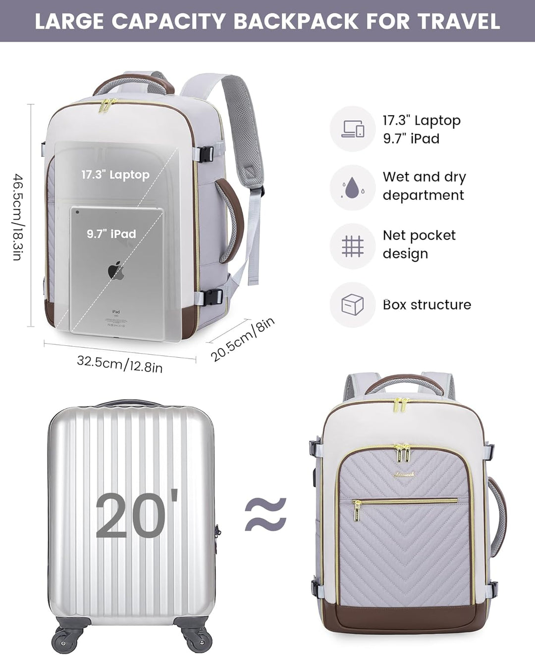 LOVEVOOK Reiserucksack Handgepäck Flugzeug 17.3 zoll Laptop Rucksack Damen Wasserdicht Travel Backpa