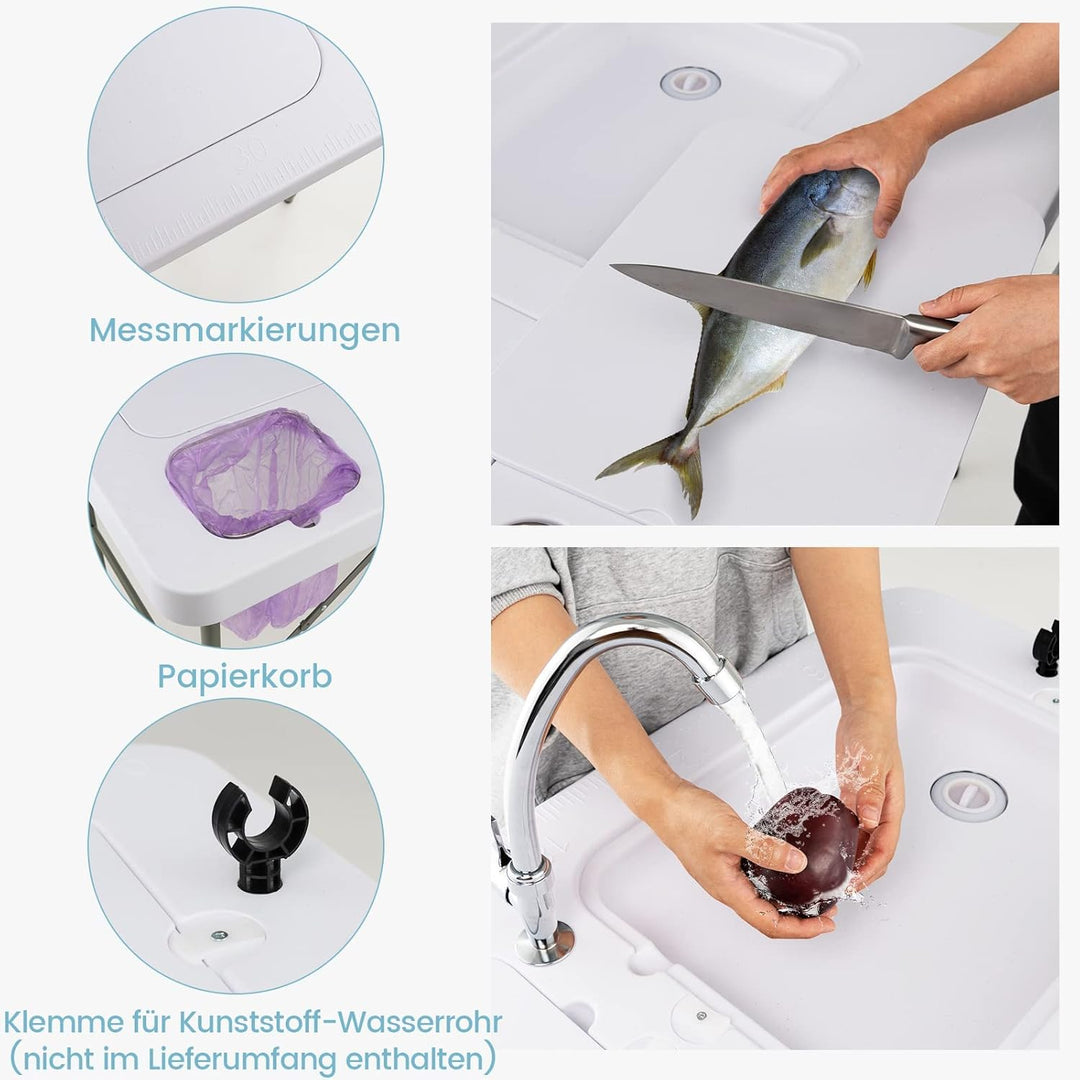 GYMAX Campingtisch mit 2 Spülen & Wasserhahn & Abfallkorb Filetiertisch Klappbar mit Messskala Garte