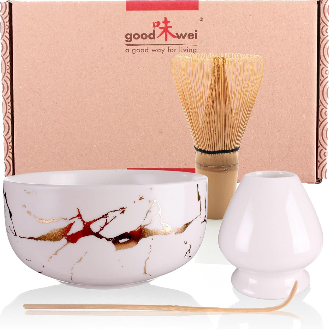 Goodwei Matcha Set mit Besen, Besenhalter und Teeschale für japanische Teezeremonie (White Marmor),