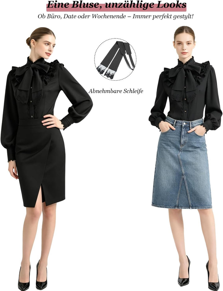 Fiamll Damen Viktorianisch Bluse Vintage Schleifenhemd Stehkragen mit Rüschen Langarmshirt Mittelalt