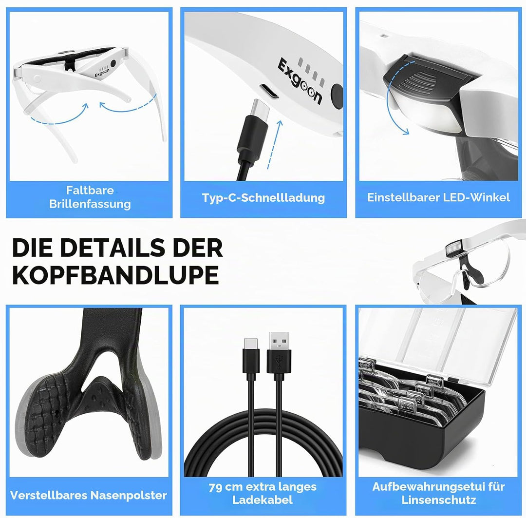 Lupenbrille mit Licht, 1,5-fache bis 5-fache Lupe mit 4 abnehmbaren Gläsern, freihändige, wiederaufl