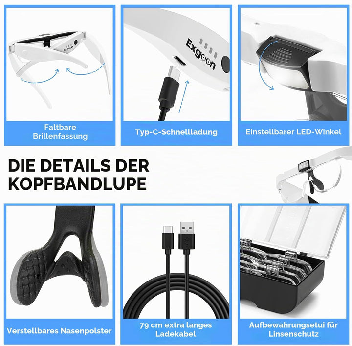 Lupenbrille mit Licht, 1,5-fache bis 5-fache Lupe mit 4 abnehmbaren Gläsern, freihändige, wiederaufl