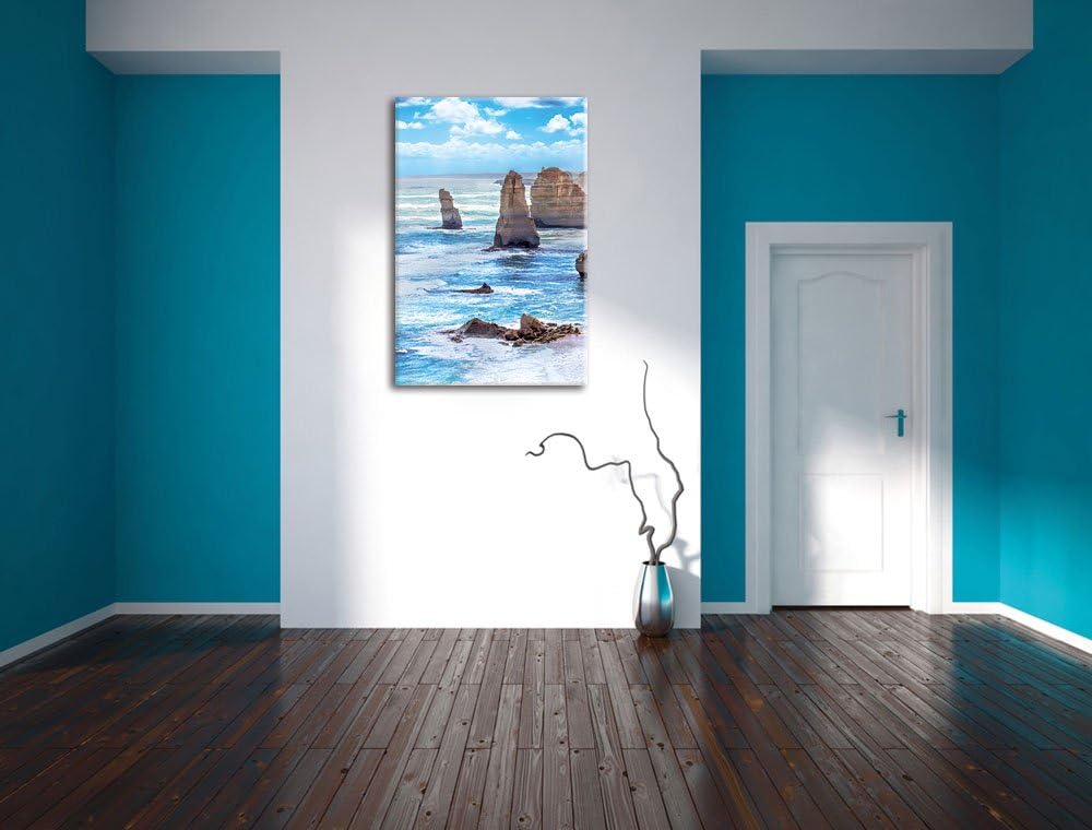 Pixxprint Meer klippe küste Sonnenaufgang Steine Strand, Format: 100x70 auf Leinwand, XXL riesige Bi