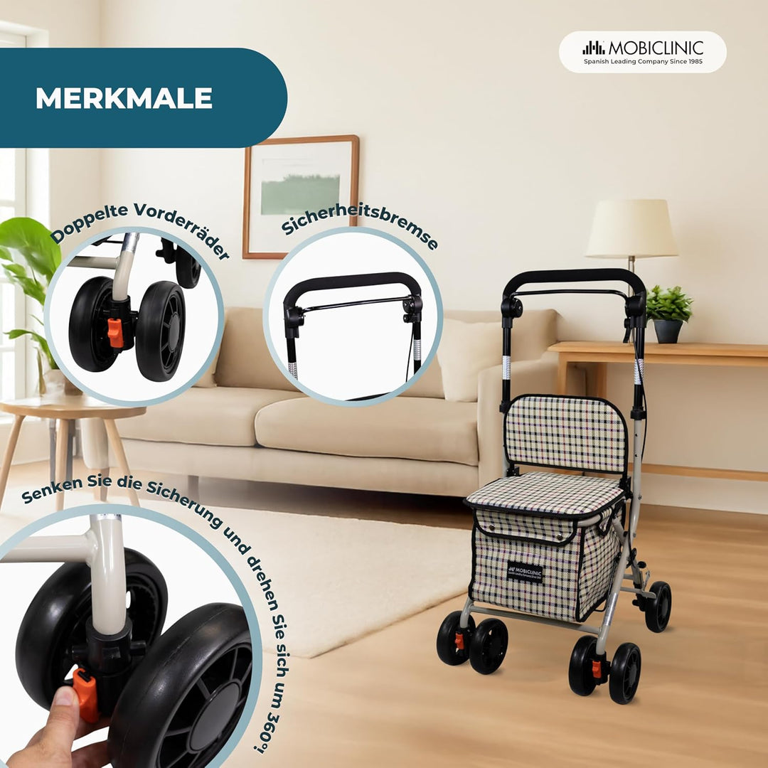 Mobiclinic®, Einkaufswagen mit Sitz, Faltbarer Rollator für Erwachsene, 21 L, Rückenlehne, 4 Räder,