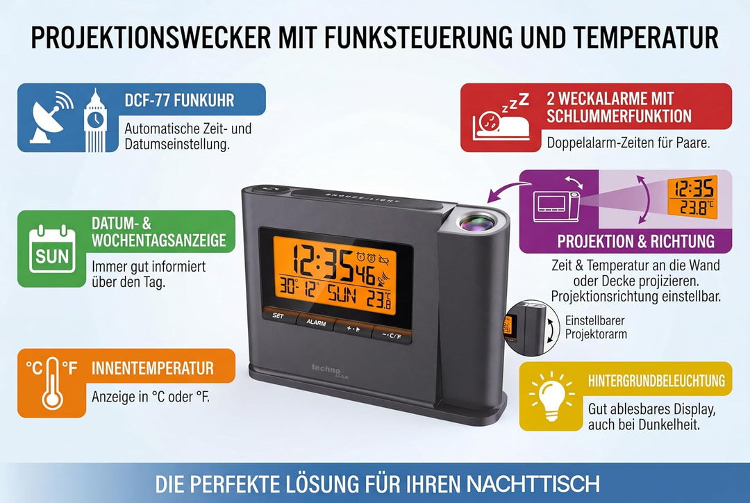 Technoline Projektionswecker WT 519 mit Funkuhr, Innentemperaturanzeige und Datumsanzeige, Mehrfarbi