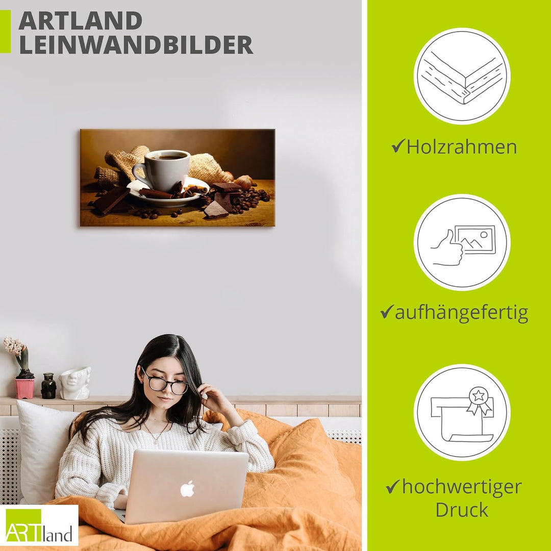 ARTland Leinwandbilder Wandbild Bild auf Leinwand 60x30 cm Kaffee Cafe Coffee Kaffeetasse Zimtstange
