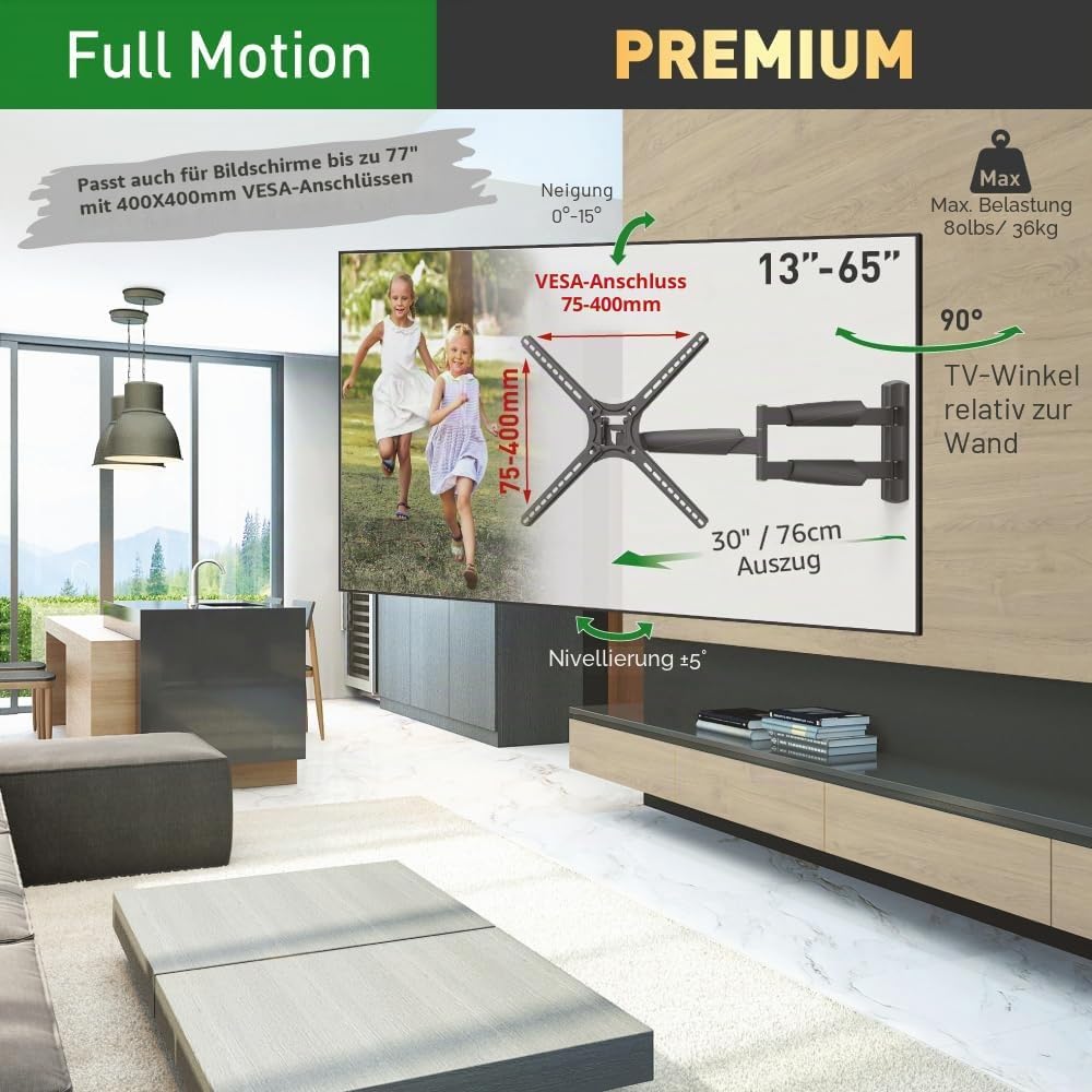 Barkan BM343XL Lange TV Wandhalterung, 13 - 65 Zoll Schwenkbar / Neigbar / Vollbewegung flach &amp; Curv
