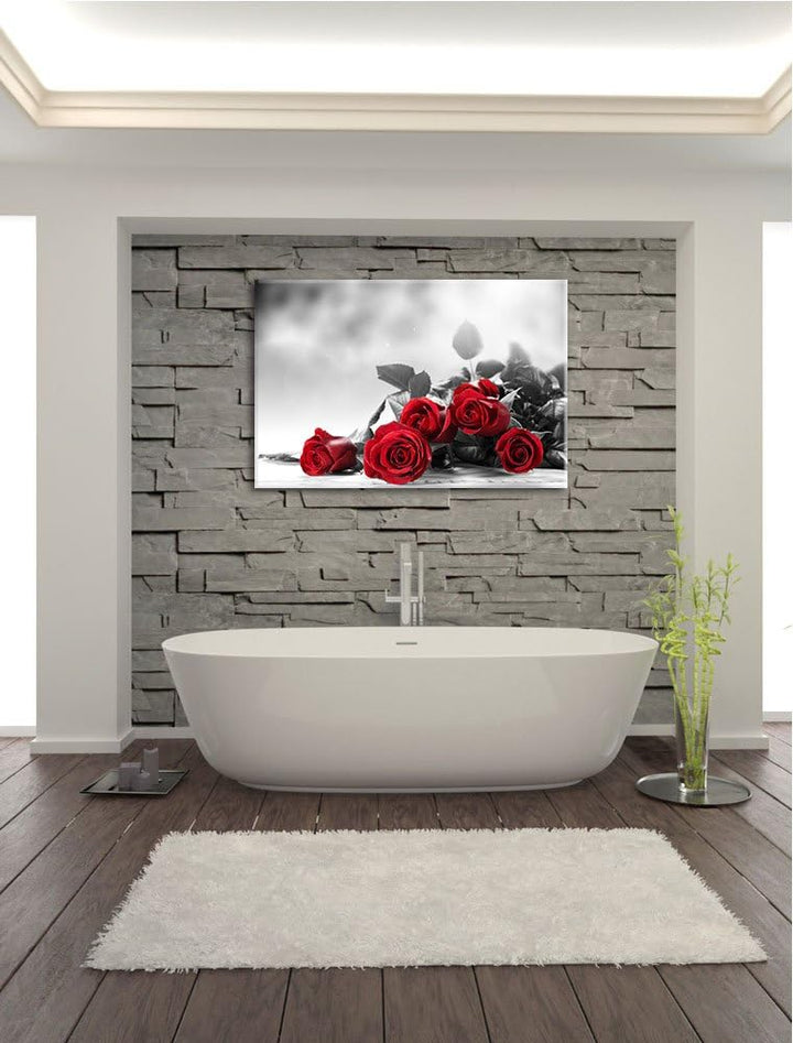 schöner Rosenstrauss auf Tisch schwarz/weiss Format: 100x70 auf Leinwand, XXL riesige Bilder fertig