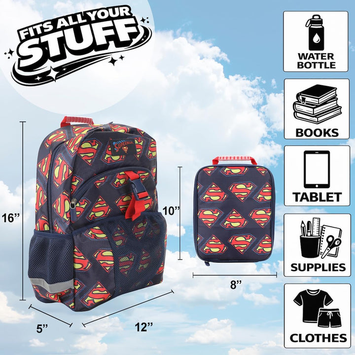 Bioworld 40,6 cm Rucksack und Lunchbox-Set für Schule und Reisen, Superman-Logo, AOP, Marineblau, Su