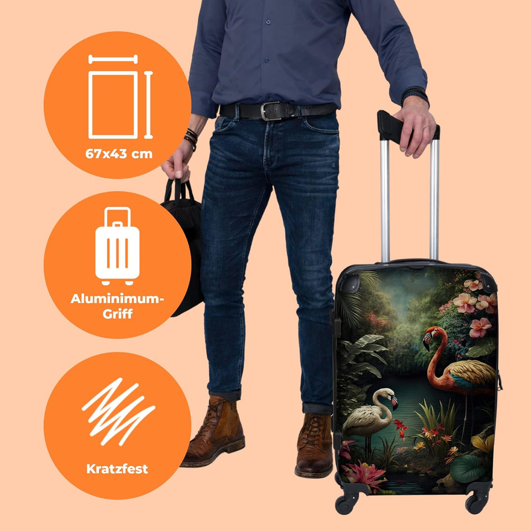 Koffer gross Trolley Rollkoffer Reisekoffer mit 4 Rollen Fotokoffer - Flamingo - Blumen - Dschungel