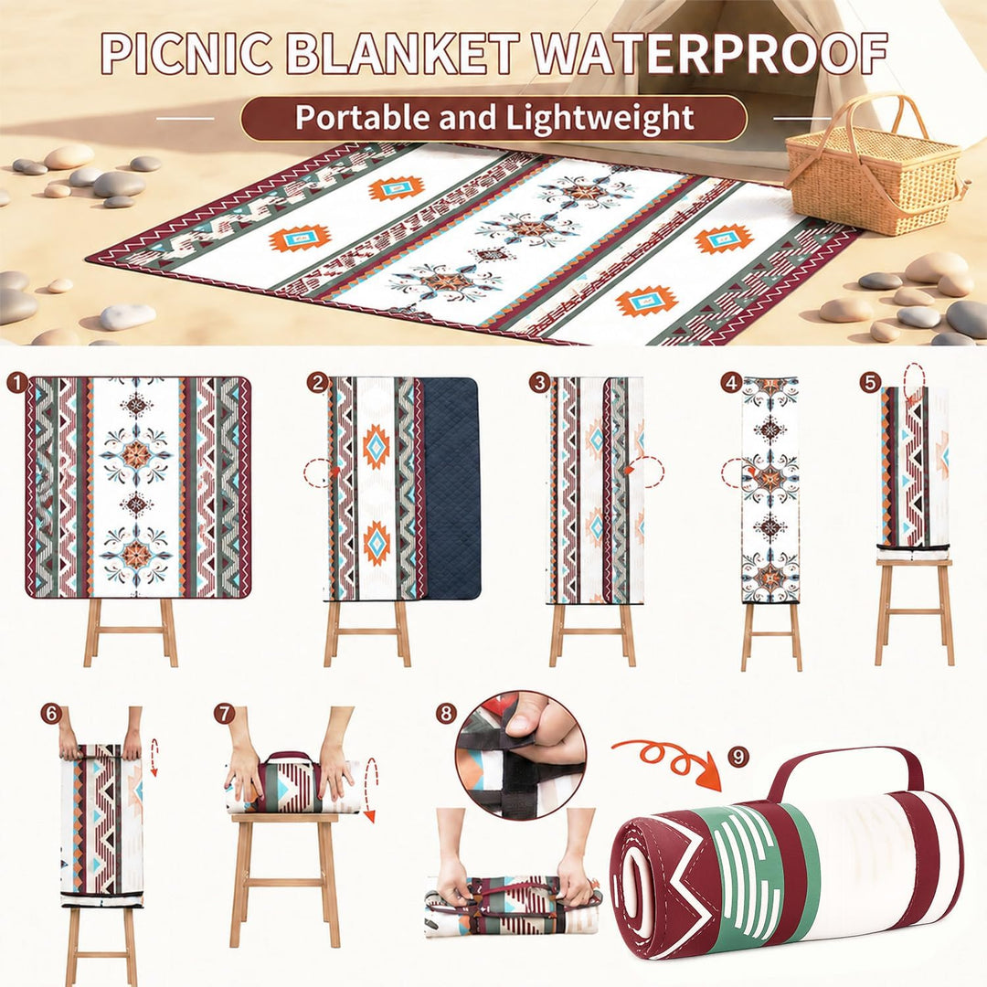 Picknickdecke Boho Wasserdicht 200x200cm – Stranddecke Sandfrei &amp; Waschbar, Extra Gross Outdoor Deck