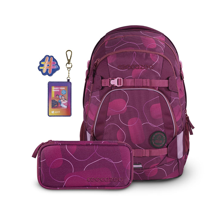 coocazoo Schulrucksack-Set Mate „Berry Bubbles & Follow Me“ 3-teilig, lila-rosa, ergonomischer 30L T