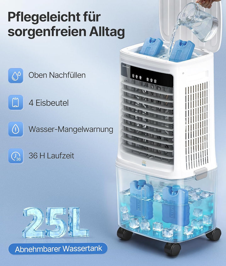 Mobiler Luftkühler mit Wasserkühlung - Verwendungsventilator mit 25 L Wassertank, Klimanlage ohne Ab