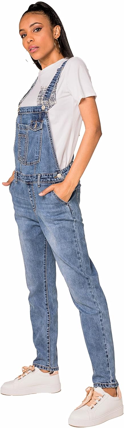 Nina Carter Damen Latzhose Jeans Boyfriend Denim Overall Jumpsuit Used-Look Sommeroverall, Blau (S51