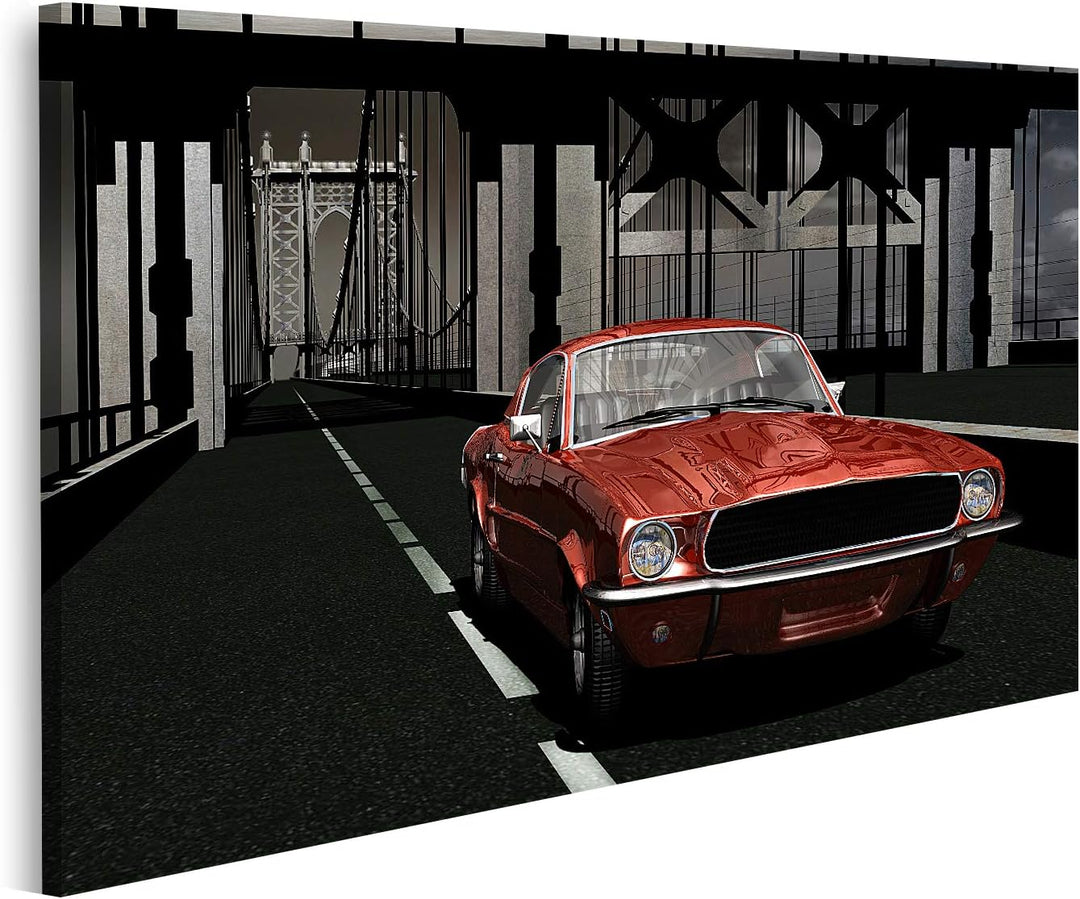 islandburner Bild auf Leinwand Horizontaler Blick Roter 1967Er Mustang Manhattan Bridge Bilder Wandb