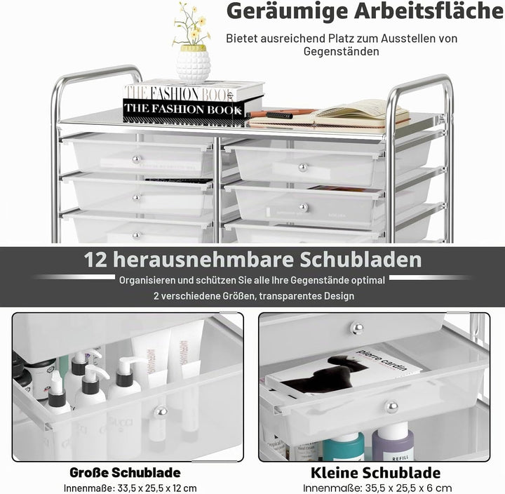 GIANTEX Rollwagen mit 12 Schubladen stapelbar, Schubladenwagen Badrollwagen Küchenwagen mit feststel
