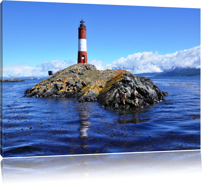Pixxprint Leuchtturm mit Robben als Leinwandbild/Grösse: 100x70 cm/Wandbild/Kunstdruck/fertig bespan