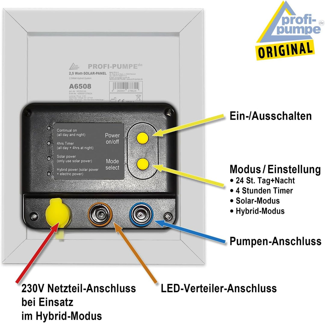 INNOVATIVES SOLAR 2,5 Watt-Hybrid-System. Solar-Panel mit Anschluss an 230V-Netzadapter zur Erweiter