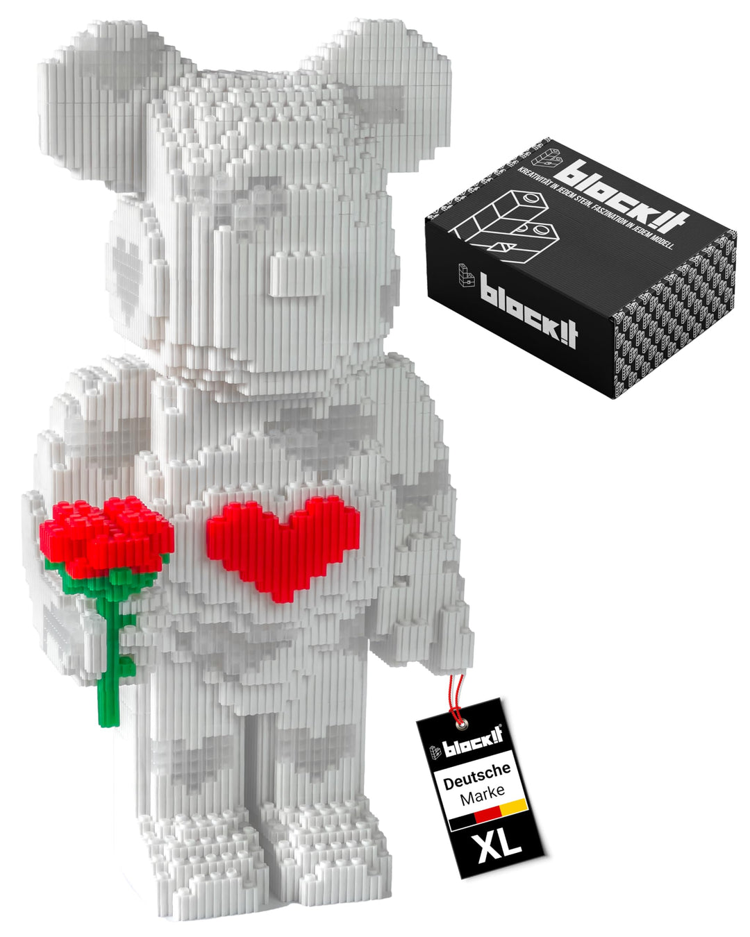 block!t Love Bear Klemmbaustein-Set mit LED – Weisser Baustein-Bär mit Herz & Rose – 5423 Teile Deko