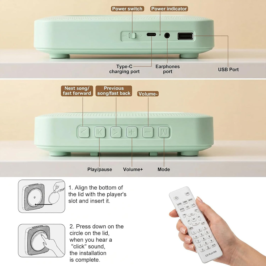 Gueray Desktop CD Player Bluetooth CD-Spieler mit Lautsprechern für Zuhause 1800mAh Tragbarer CD-Pla