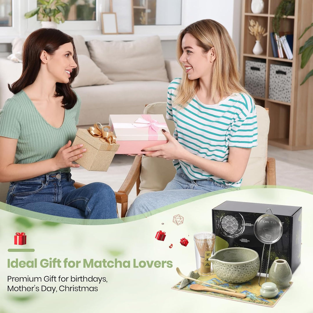 9‑in‑1 Matcha Set mit Matchaschale (560ml), Glas, Bambusbesen, Bambuslöffel, Sieb & Teematte – Japan