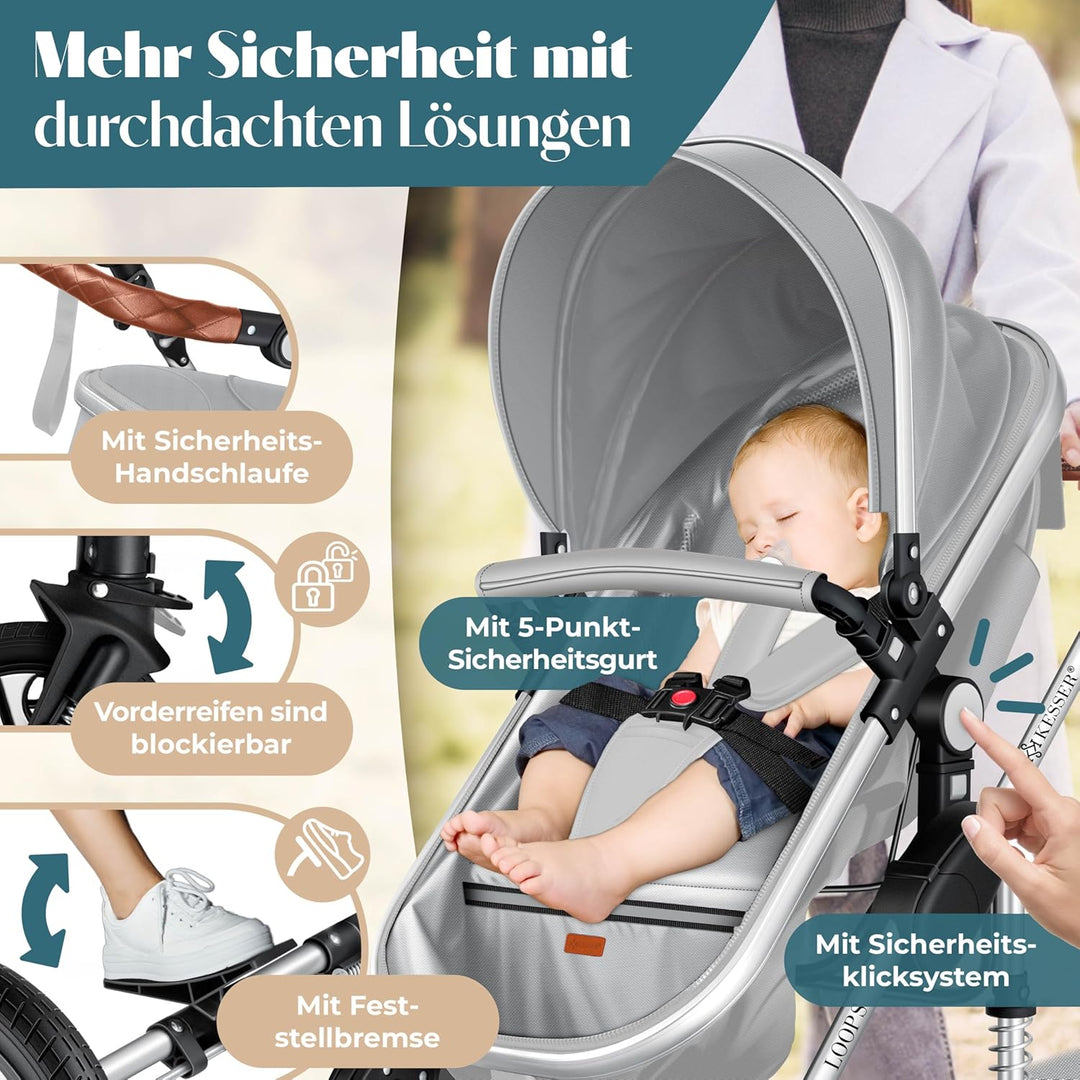 KESSER® Loops 3 in 1 Kinderwagen Kombikinderwagen Komplett-Set inkl. Babywanne & Buggy Sportsitz & A