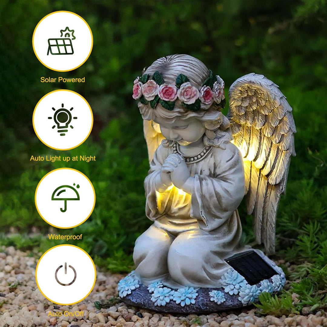 Solar Engel Gartenstatuen,LED Fairy Engel Figur,Wetterfest Grabschmuck für Friedhof, Fairy Engel Sku