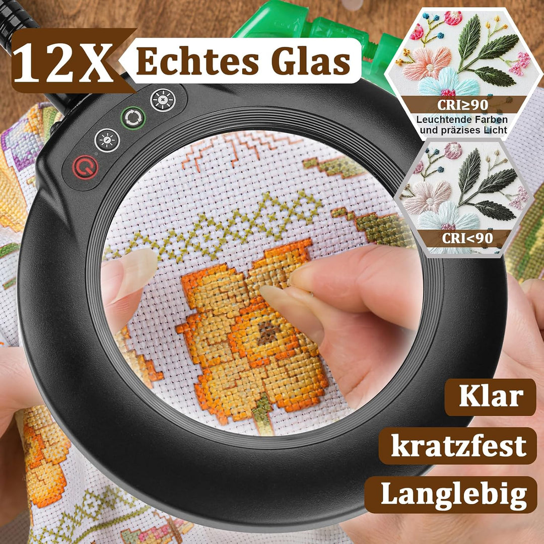 Veemagni 10X Lupe mit Licht und Klemme, Echtes Glas Lupenlampe, 5 Farbmodi Stufenlos Dimmbare, 23 Zo