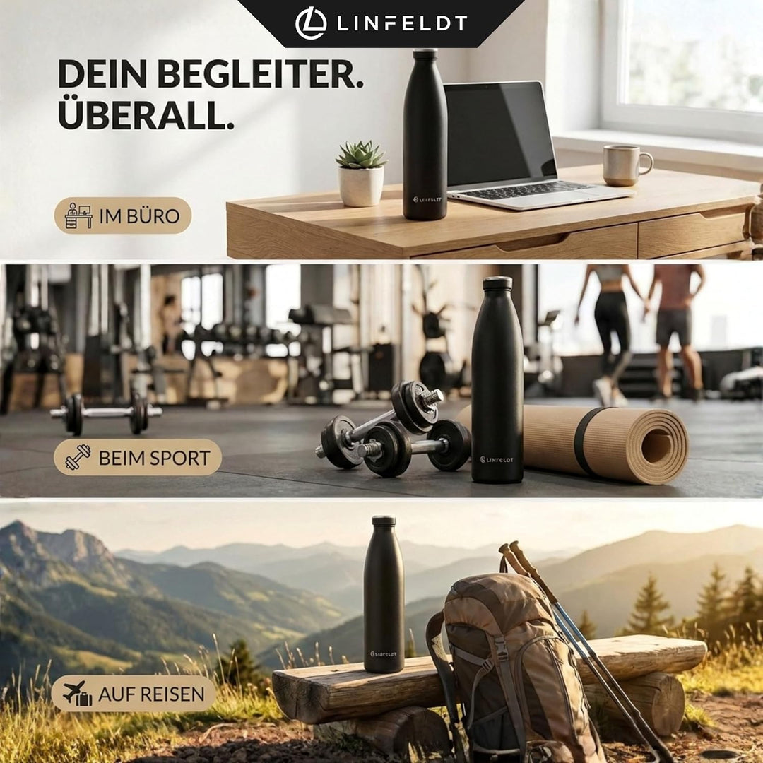 LINFELDT 1L Trinkflasche Edelstahl Isoliert 24H Auslaufsicher + Sprudel - 1000ml Wasserflasche geign