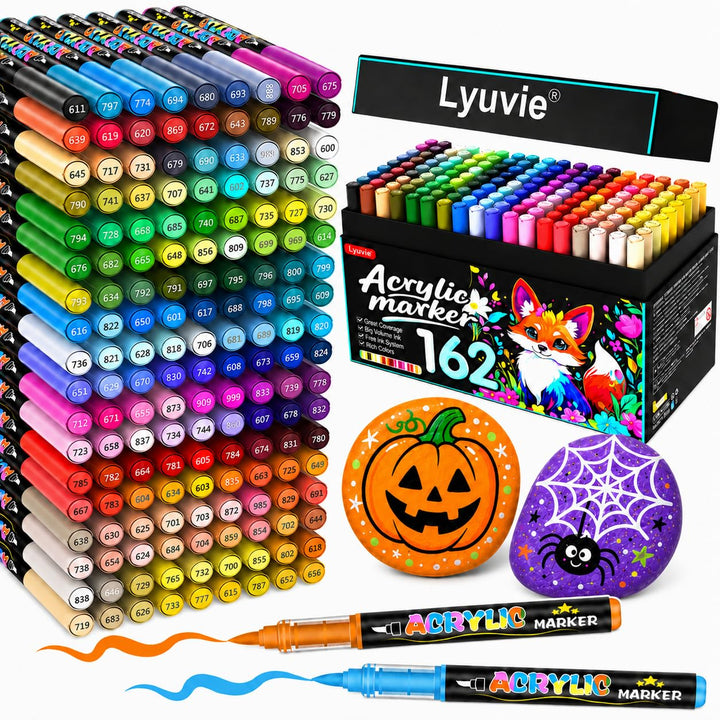 Lyuvie 162 Farben Acrylstifte für Steine WasserfestSet, Permanente Acrylic Paint Brush Marker Acryls