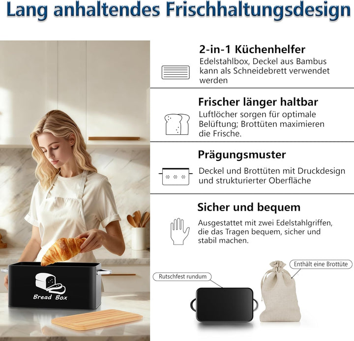 Mihoho Brotkasten aus Metall mit Bambus-Schneidebrettdeckel, Brotaufbewahrungsbehälter, moderner Küc