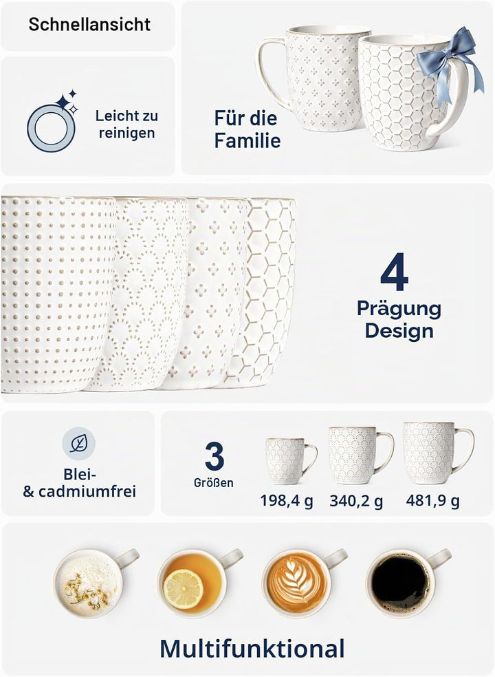 LE TAUCI Kaffeetassen Set, 473 ml, Keramiktassen Kaffeebecher, Prägetassen Grosse Tassen für Latte,