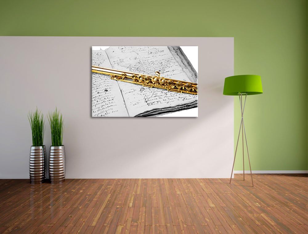 schöne Querflöte auf altem Buch schwarz/weiss Format: 100x70 auf Leinwand, XXL riesige Bilder fertig