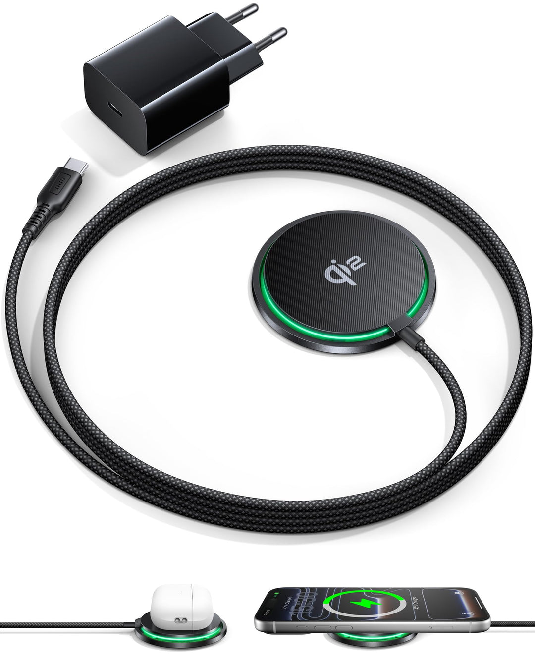 INIU Mag-Safe Ladegerät, 15W Qi2-Zertifiziertes Wireless Charger Induktive iPhone Ladestation mit LE