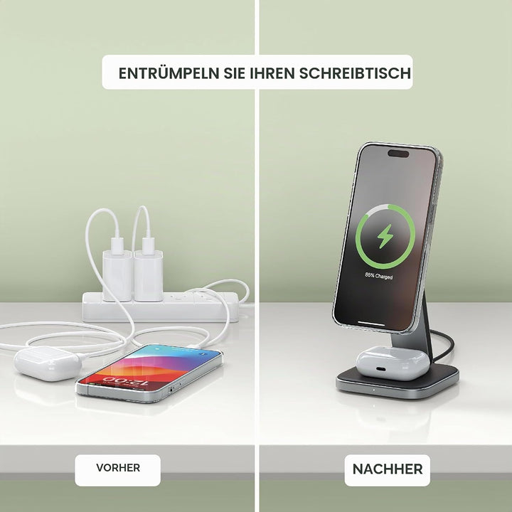 SATECHI 2-in-1 Kabelloses Ladegerät, Qi2 15W Dual-Wireless Ladeständer, magnetische, Faltbare Reisel