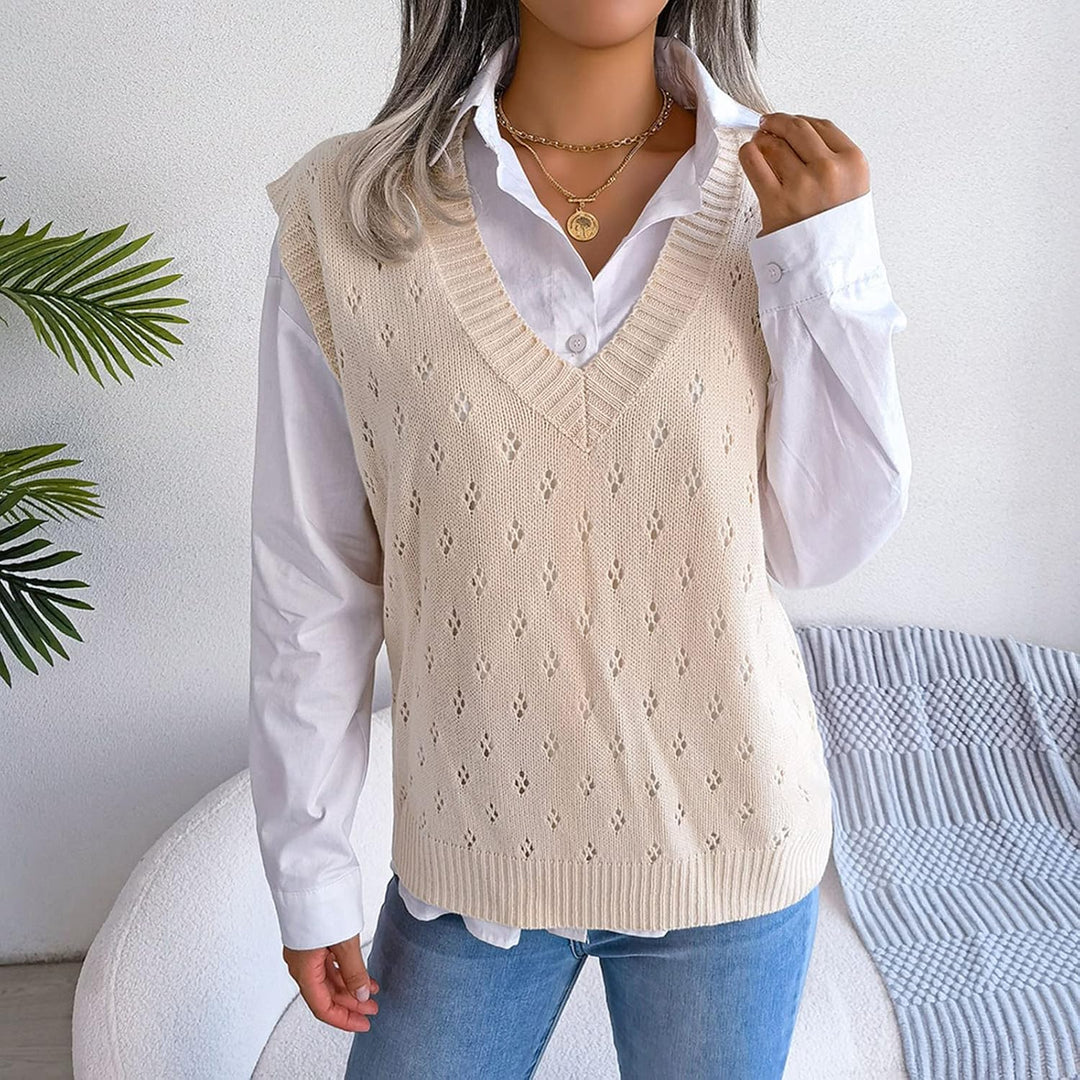 Ärmellose Strickweste für Damen, V-Ausschnitt, College-Pullover, Übergrösse A L, A L