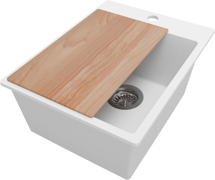 PRIMAGRAN Spülbecken Weiss 38x50cm, Granitspüle 1 Becken + Ablauf-Set + Schneidebrett, Küchenspüle a
