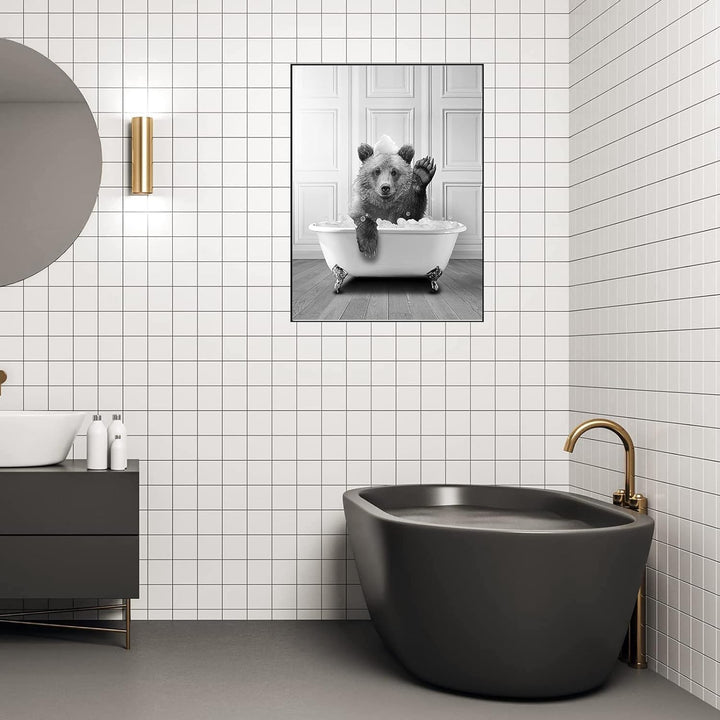 WADBTP Badezimmer Bilder,Schwarz Weiss Bilde,Lustige Tier in der Badewanne Leinwand Bilder für Wohnz