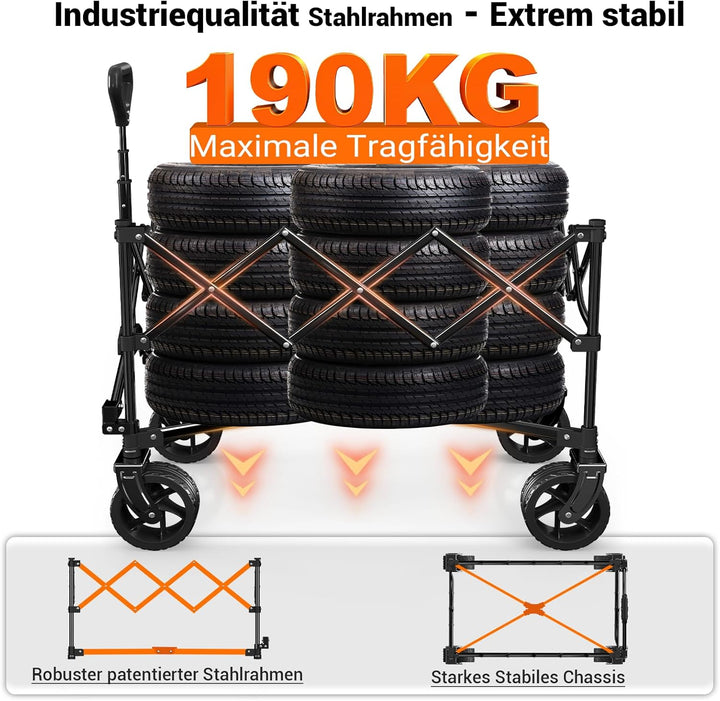 BTTN Bollerwagen faltbar 150L, Handwagen bis 190 kg Traglast, Klappwagen mit grossen 15 × 6 cm Gelän