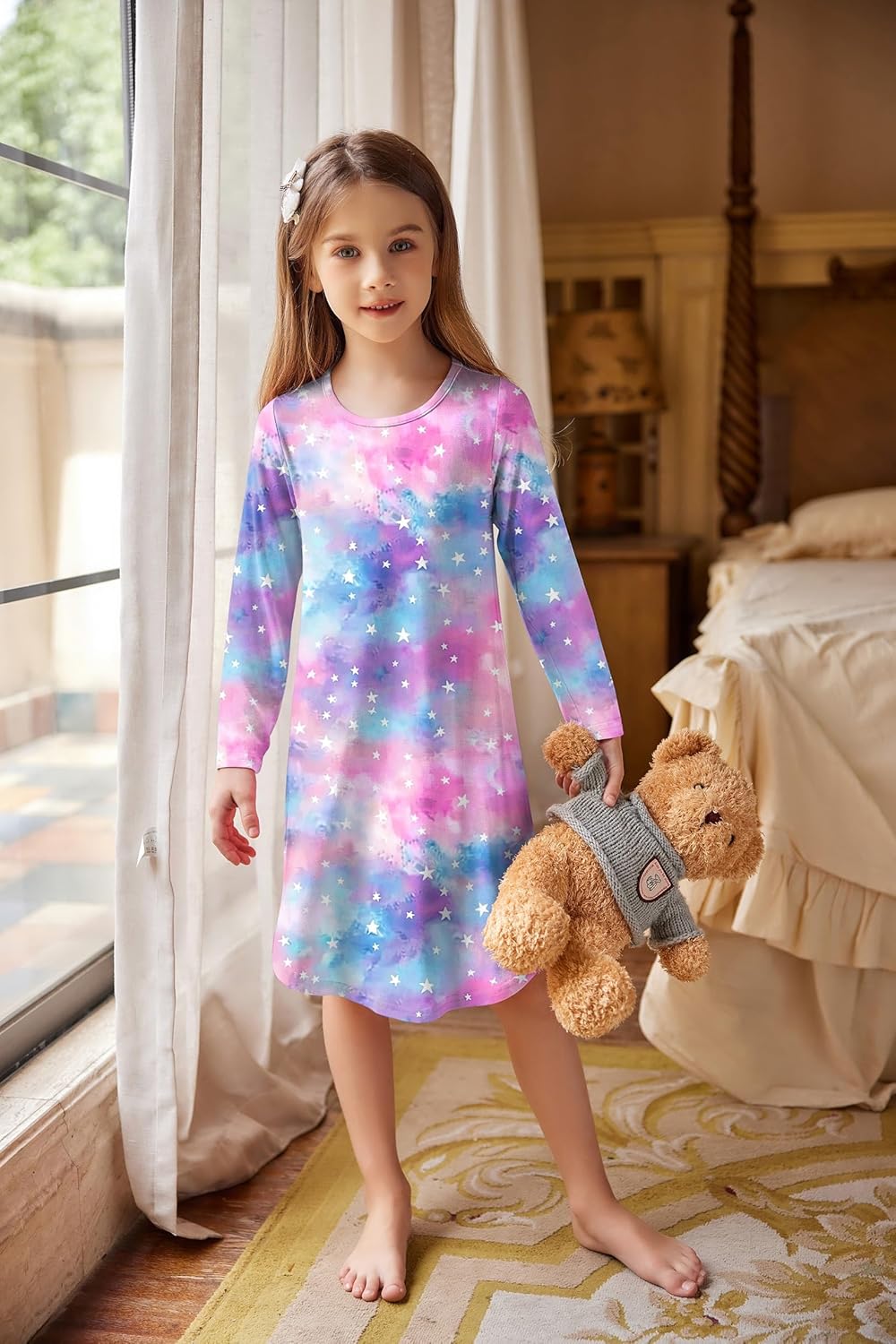 Arshiner Mädchen Nachthemd Langarm Kinder Nachtkleid mit Niedlichen Prints Schlafanzug Kleid Nightdr