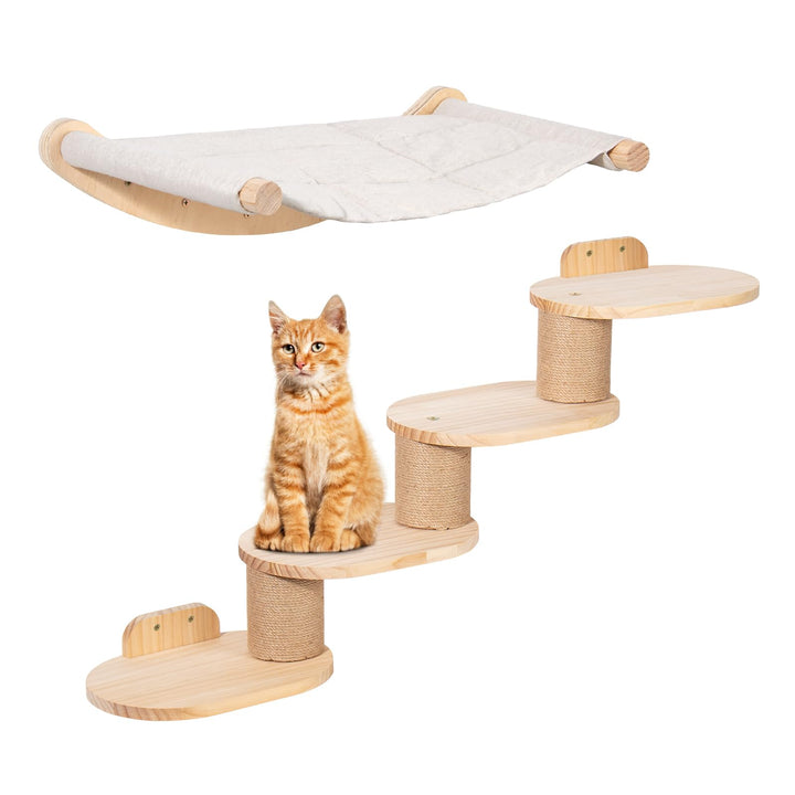 Todeco Kletterwand Katzen Wandmontage inkl. Katzentreppe & Katzenhängematte, Vierstufige Katzenklett