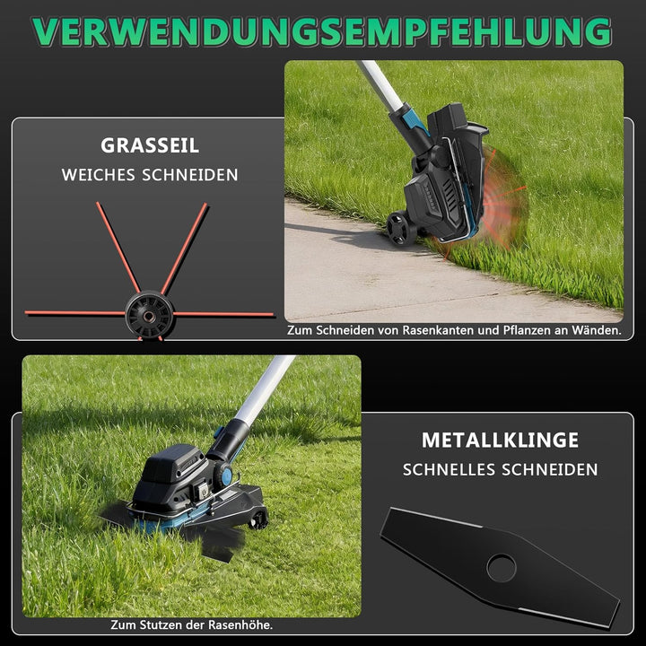 7-IN-1 Akku Rasentrimmer mit 2 x 4Ah 18V Akkus, 1200W Bürstenloser Freischneider Akku mit 7 Klingen