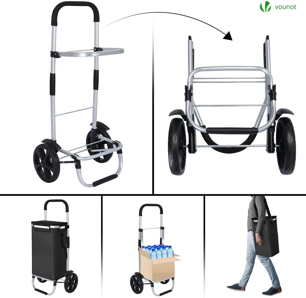 VOUNOT® Einkaufstrolley Klappbar aus Aluminium mit 58L Wasserdichter Tasche und Kühlfach, 2 Extra gr