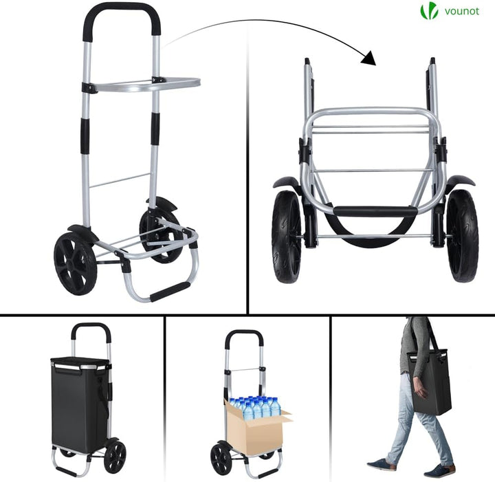 VOUNOT® Einkaufstrolley Klappbar aus Aluminium mit 58L Wasserdichter Tasche und Kühlfach, 2 Extra gr