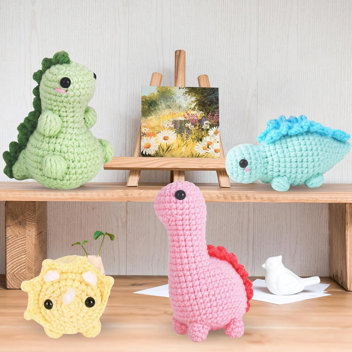 Dremisland Häkel Starterset für Anfänger Häkelset 4 Stück Dinosaurier Strickset für Erwachsene Stric
