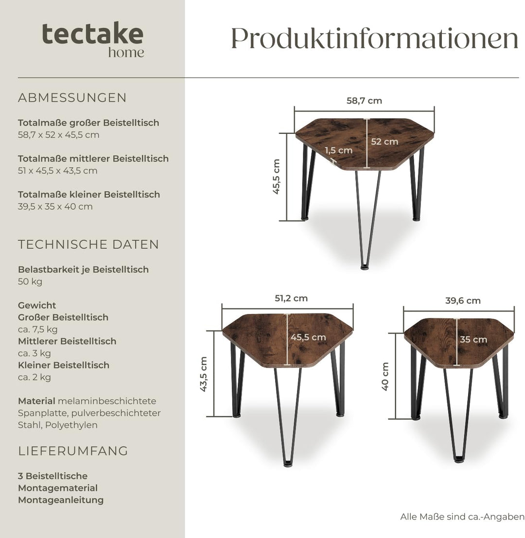 tectake Beistelltisch 3er Set, sechseckiger Couchtisch in 3 Grössen, Industrie-Stil, Holz Satztische